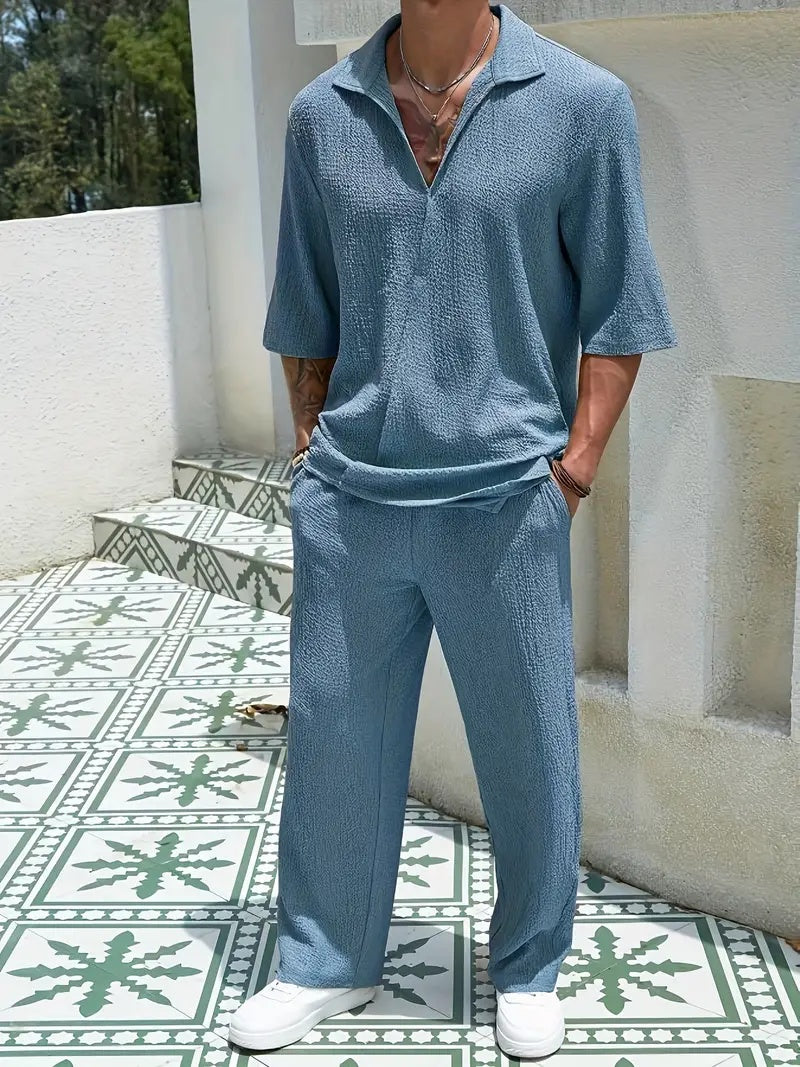 CH.KOUROSH- Men’s Two-Piece V-Neck Set | Casual Pants and Top Outfit for Everyday Wear