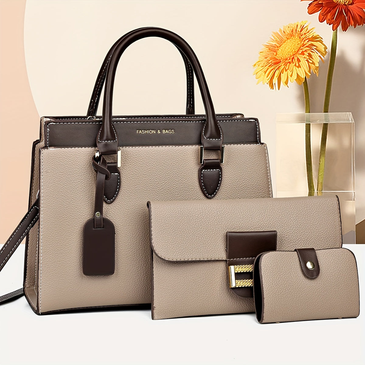 Fashionable Women's Bag Set, Classic Colorblock Tote Bag With Clutch Square Purse And Mini Credit Card Case