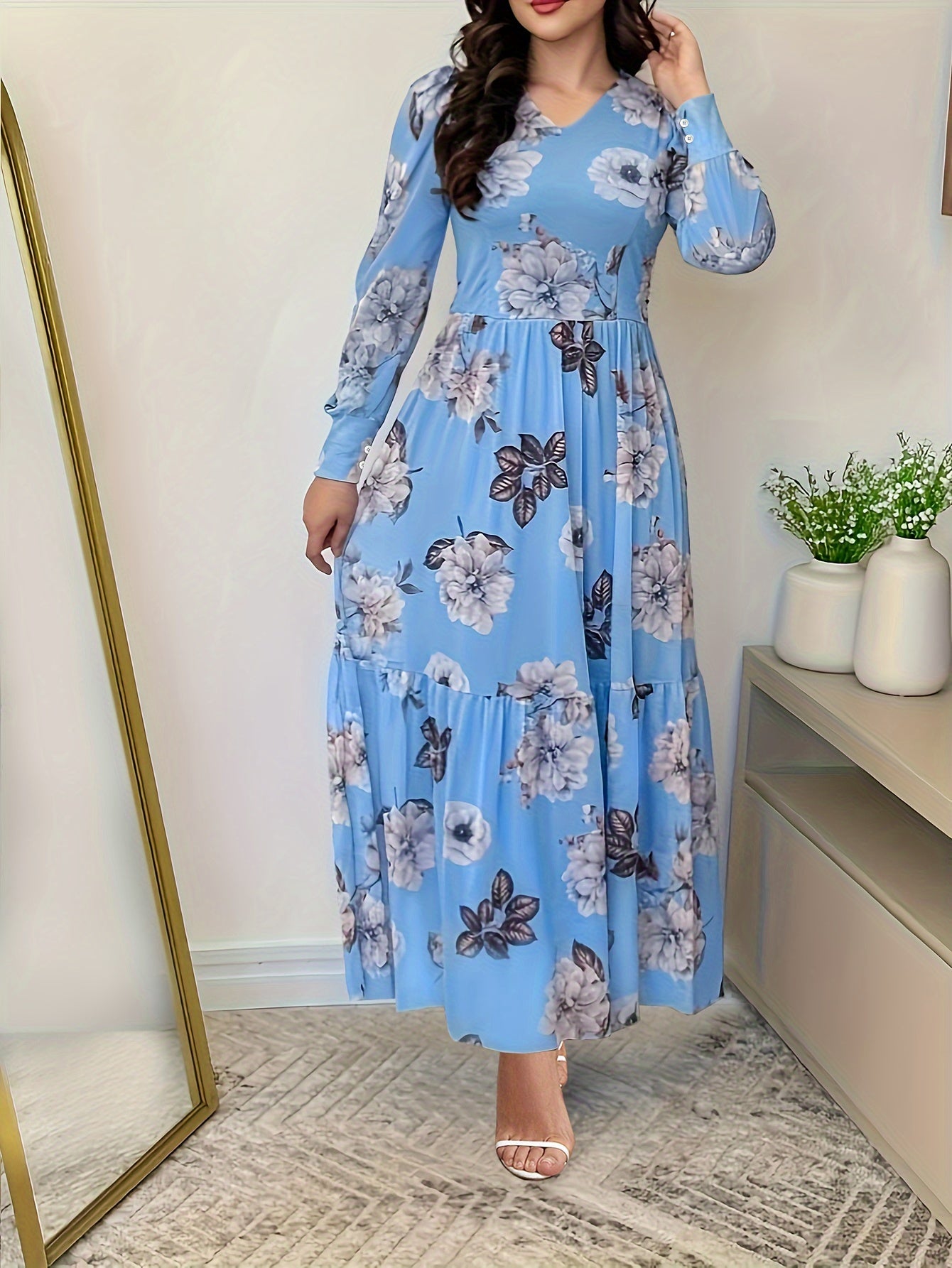 Elegant Floral Print V-Neck Dress for Women - Sophisticated Long Sleeve Dress with Ruffled Detail, Perfect for Spring/Fall Events