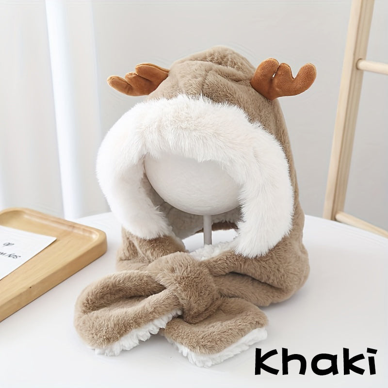 CH.KOUROSH- Cute Deer Hat Women Plush Rabbit Ear Funny Lolita Sweet Kawaii Winter Fluffy Fleece Warm Hat Plush Winter Thickened Cute Antlers Baby Hat With Scarf For 5-10 Y Children