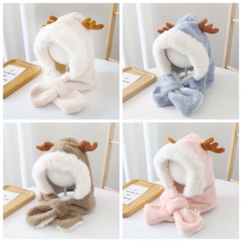 CH.KOUROSH- Cute Deer Hat Women Plush Rabbit Ear Funny Lolita Sweet Kawaii Winter Fluffy Fleece Warm Hat Plush Winter Thickened Cute Antlers Baby Hat With Scarf For 5-10 Y Children