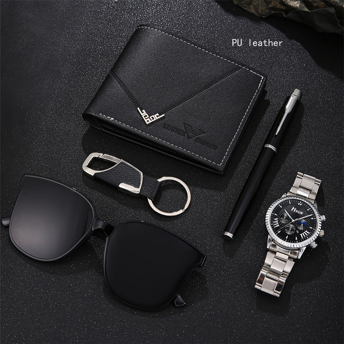 CH.Kourosh- 5pcs Men'S Luxury Gift Set, Simple Style Faux Leather Wallet, Fashion Glasses, Business Watch.