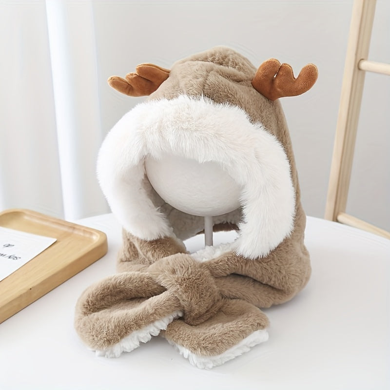 CH.KOUROSH- Cute Deer Hat Women Plush Rabbit Ear Funny Lolita Sweet Kawaii Winter Fluffy Fleece Warm Hat Plush Winter Thickened Cute Antlers Baby Hat With Scarf For 5-10 Y Children