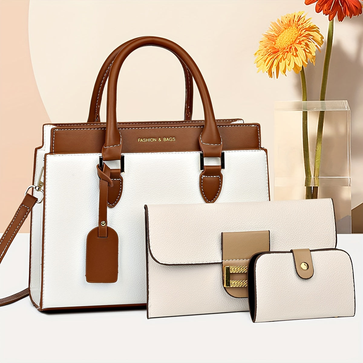 Fashionable Women's Bag Set, Classic Colorblock Tote Bag With Clutch Square Purse And Mini Credit Card Case