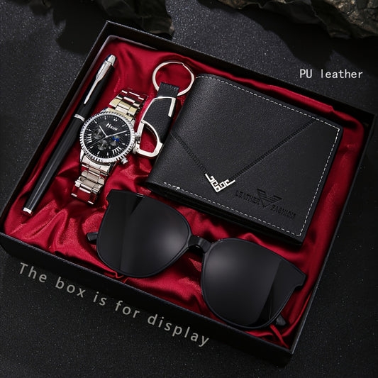 CH.Kourosh- 5pcs Men'S Luxury Gift Set, Simple Style Faux Leather Wallet, Fashion Glasses, Business Watch.