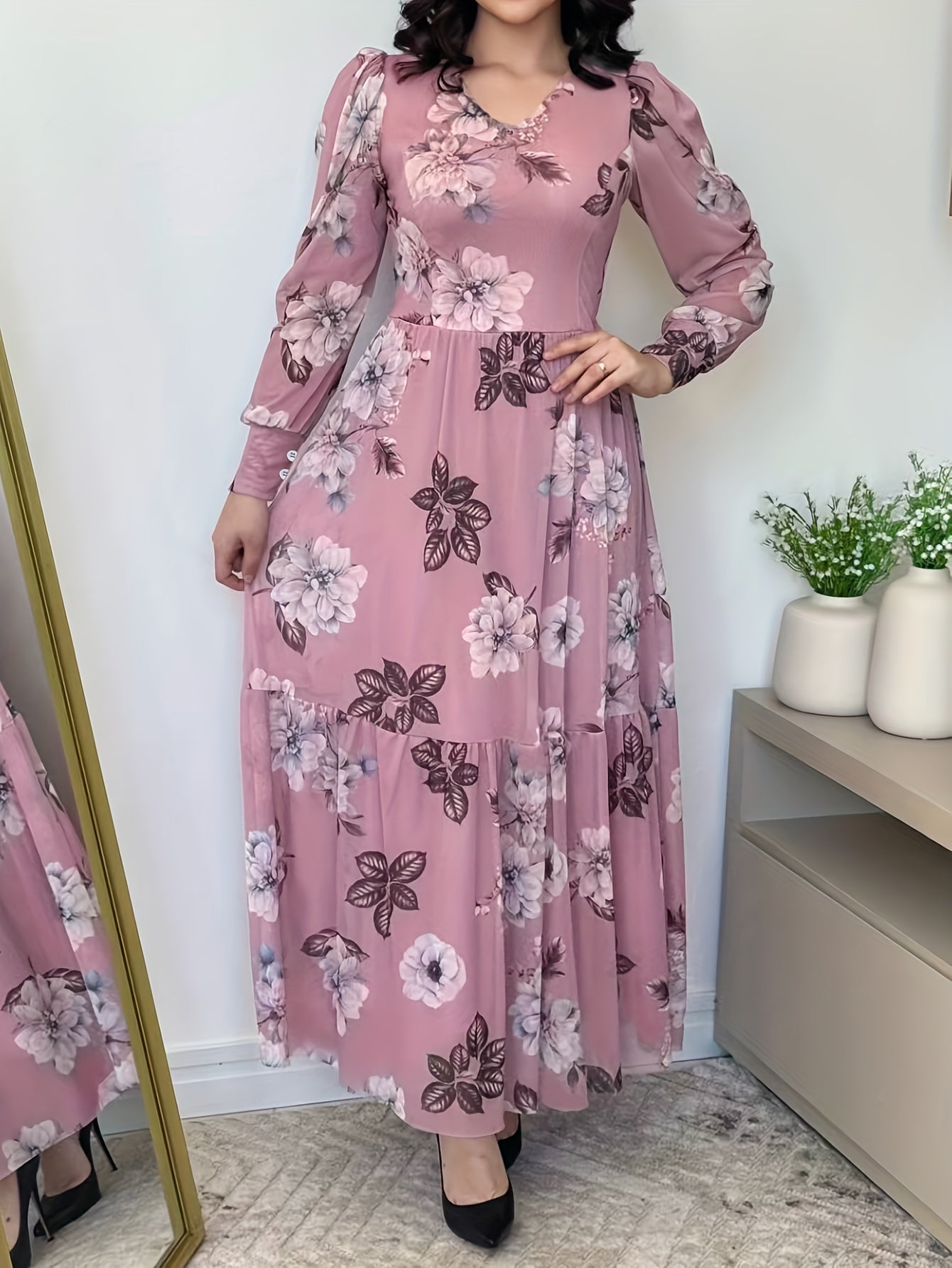 Elegant Floral Print V-Neck Dress for Women - Sophisticated Long Sleeve Dress with Ruffled Detail, Perfect for Spring/Fall Events