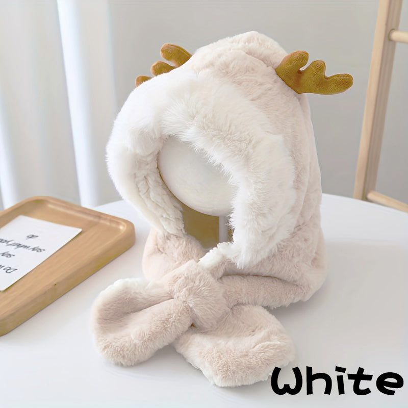 CH.KOUROSH- Cute Deer Hat Women Plush Rabbit Ear Funny Lolita Sweet Kawaii Winter Fluffy Fleece Warm Hat Plush Winter Thickened Cute Antlers Baby Hat With Scarf For 5-10 Y Children