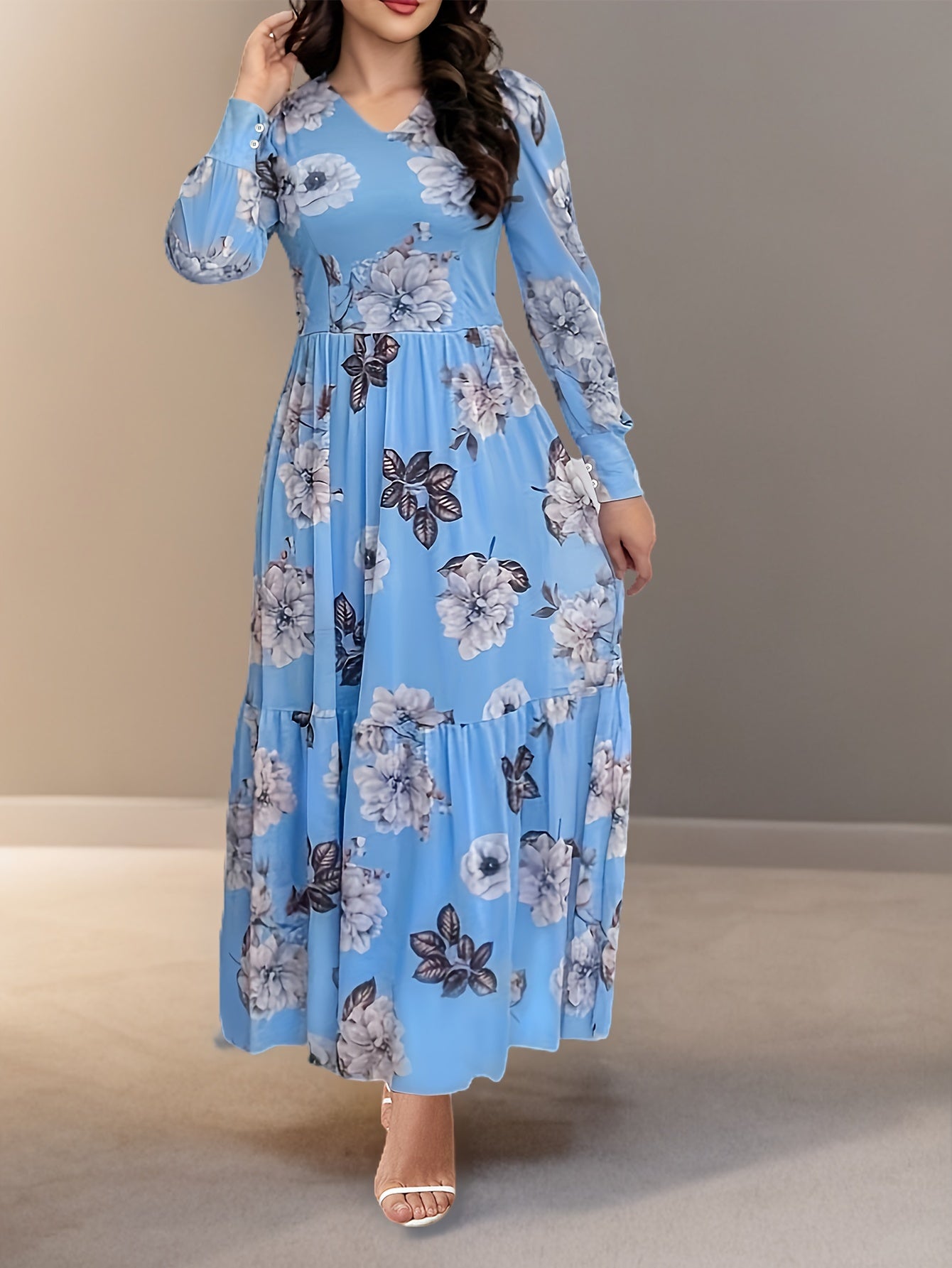 Elegant Floral Print V-Neck Dress for Women - Sophisticated Long Sleeve Dress with Ruffled Detail, Perfect for Spring/Fall Events