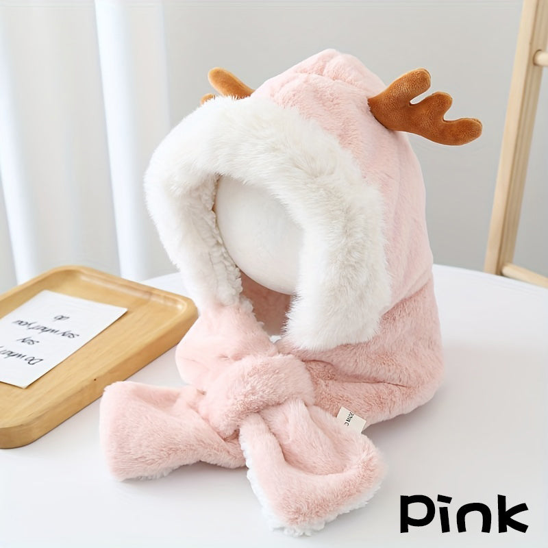 CH.KOUROSH- Cute Deer Hat Women Plush Rabbit Ear Funny Lolita Sweet Kawaii Winter Fluffy Fleece Warm Hat Plush Winter Thickened Cute Antlers Baby Hat With Scarf For 5-10 Y Children