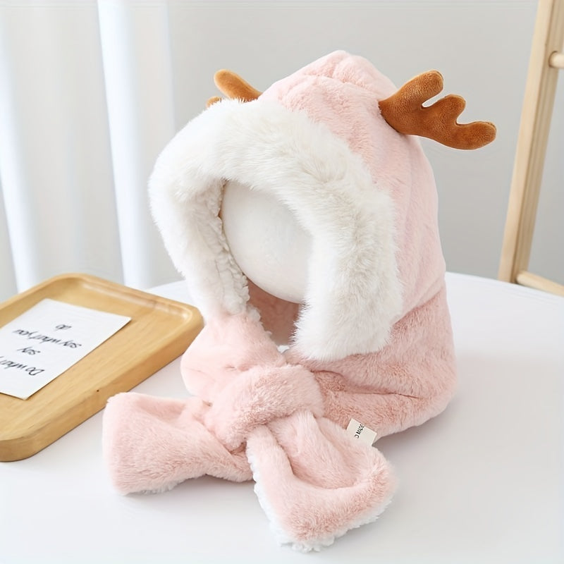 CH.KOUROSH- Cute Deer Hat Women Plush Rabbit Ear Funny Lolita Sweet Kawaii Winter Fluffy Fleece Warm Hat Plush Winter Thickened Cute Antlers Baby Hat With Scarf For 5-10 Y Children