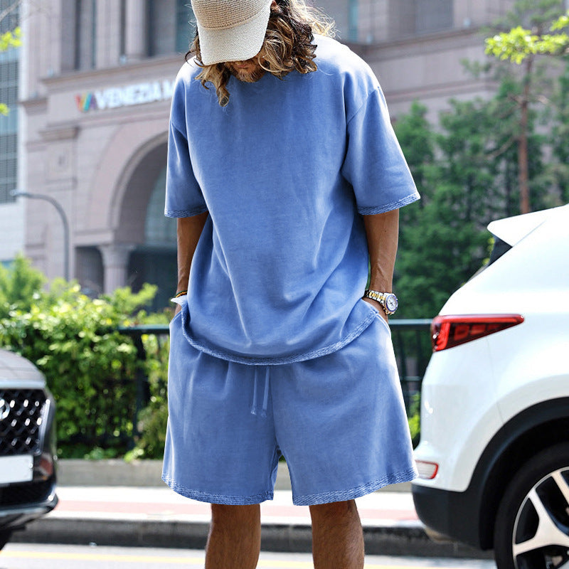 CH.KOUROSH- 2pcs Loose Sports Suits Summer Round Neck Short-sleeved T-shirt And Drawstring Pockets Shorts Casual Solid Color Set Mens Clothing