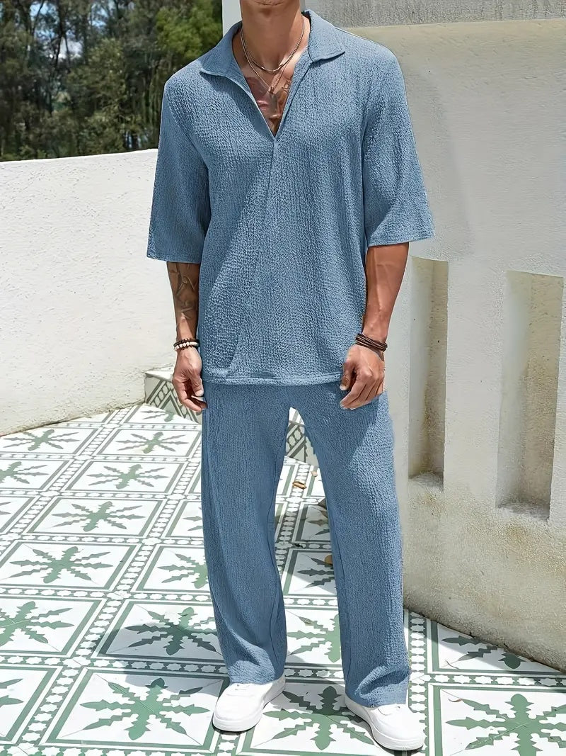 CH.KOUROSH- Men’s Two-Piece V-Neck Set | Casual Pants and Top Outfit for Everyday Wear