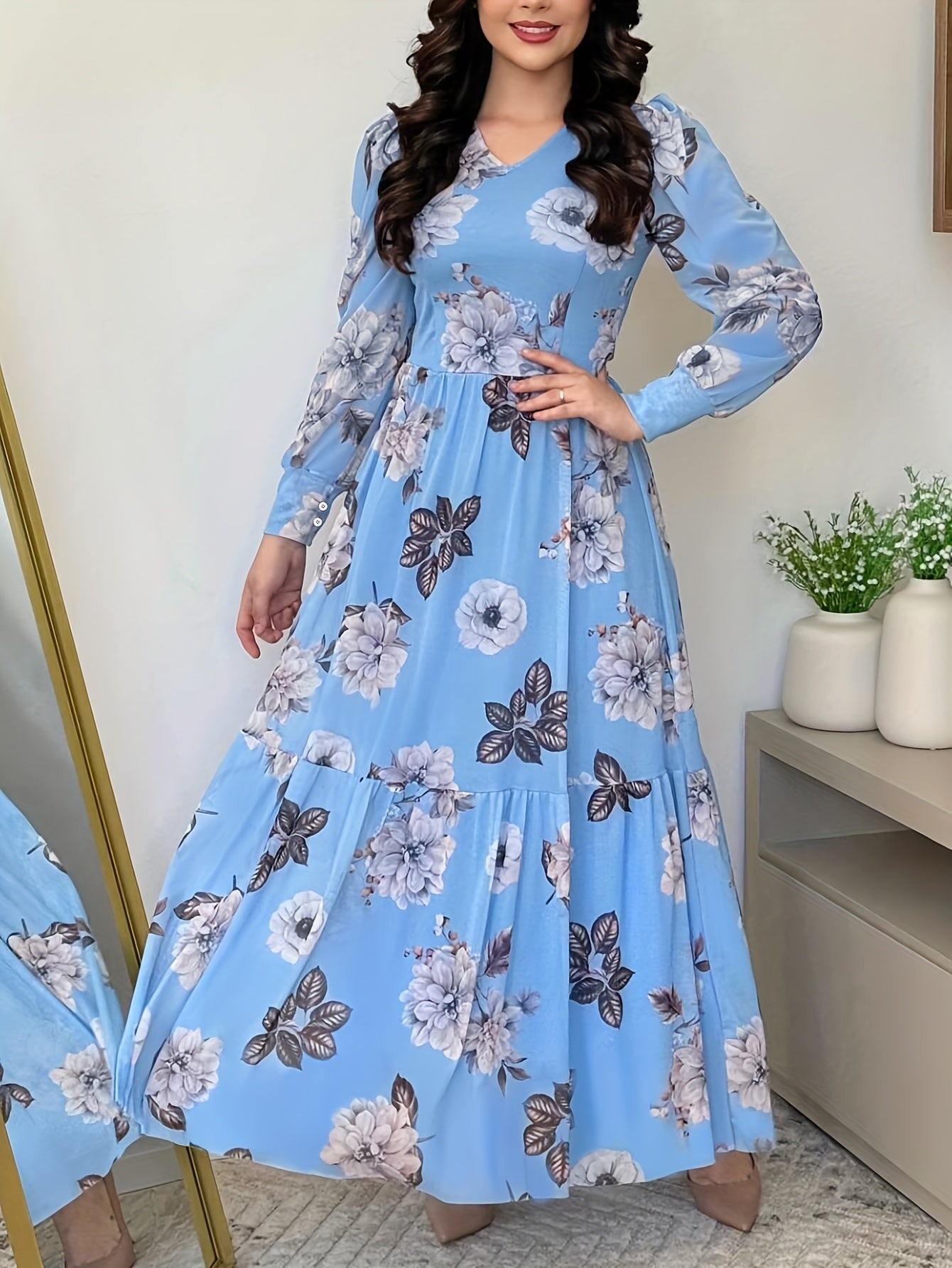 Elegant Floral Print V-Neck Dress for Women - Sophisticated Long Sleeve Dress with Ruffled Detail, Perfect for Spring/Fall Events