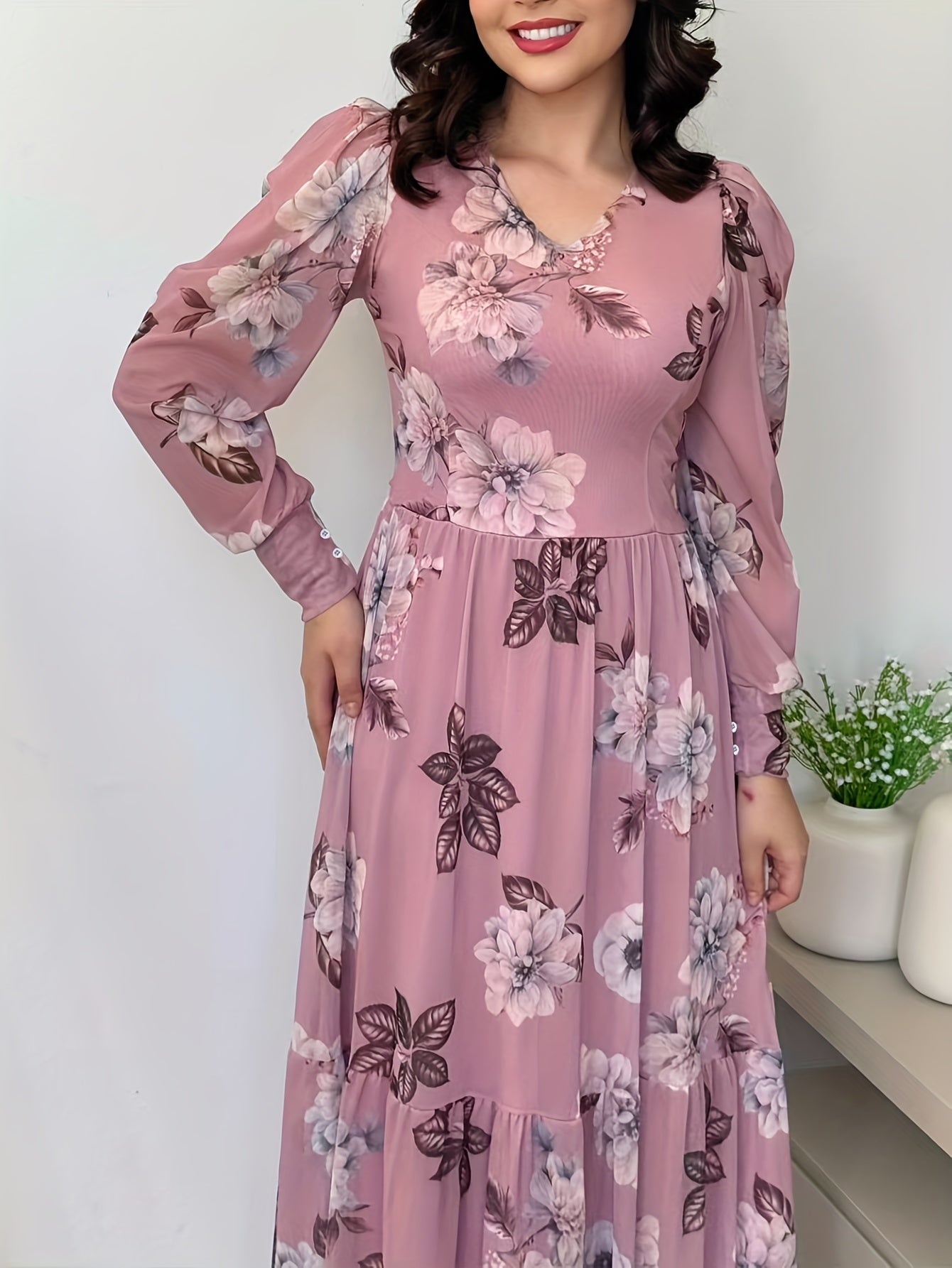 Elegant Floral Print V-Neck Dress for Women - Sophisticated Long Sleeve Dress with Ruffled Detail, Perfect for Spring/Fall Events