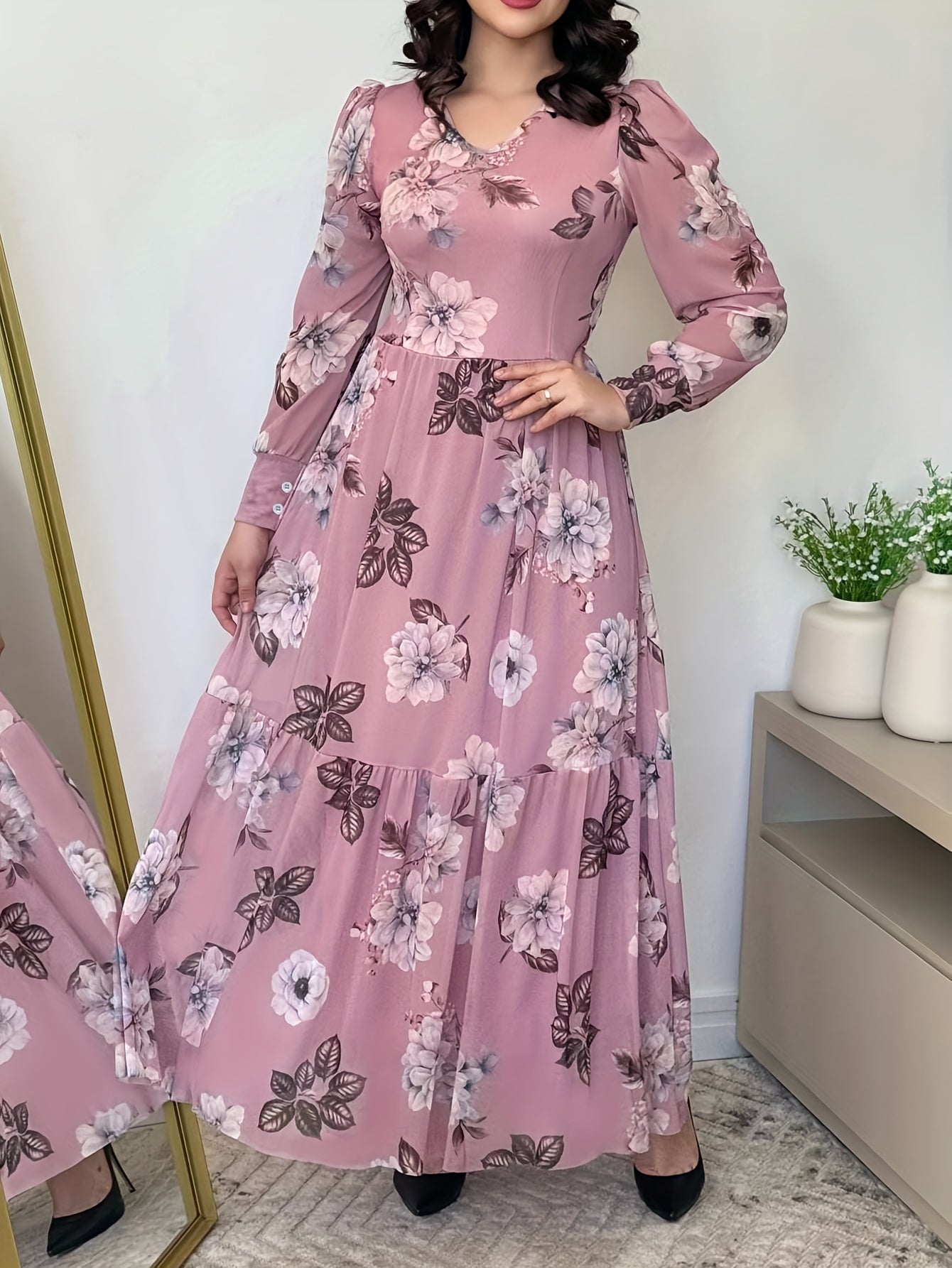 Elegant Floral Print V-Neck Dress for Women - Sophisticated Long Sleeve Dress with Ruffled Detail, Perfect for Spring/Fall Events