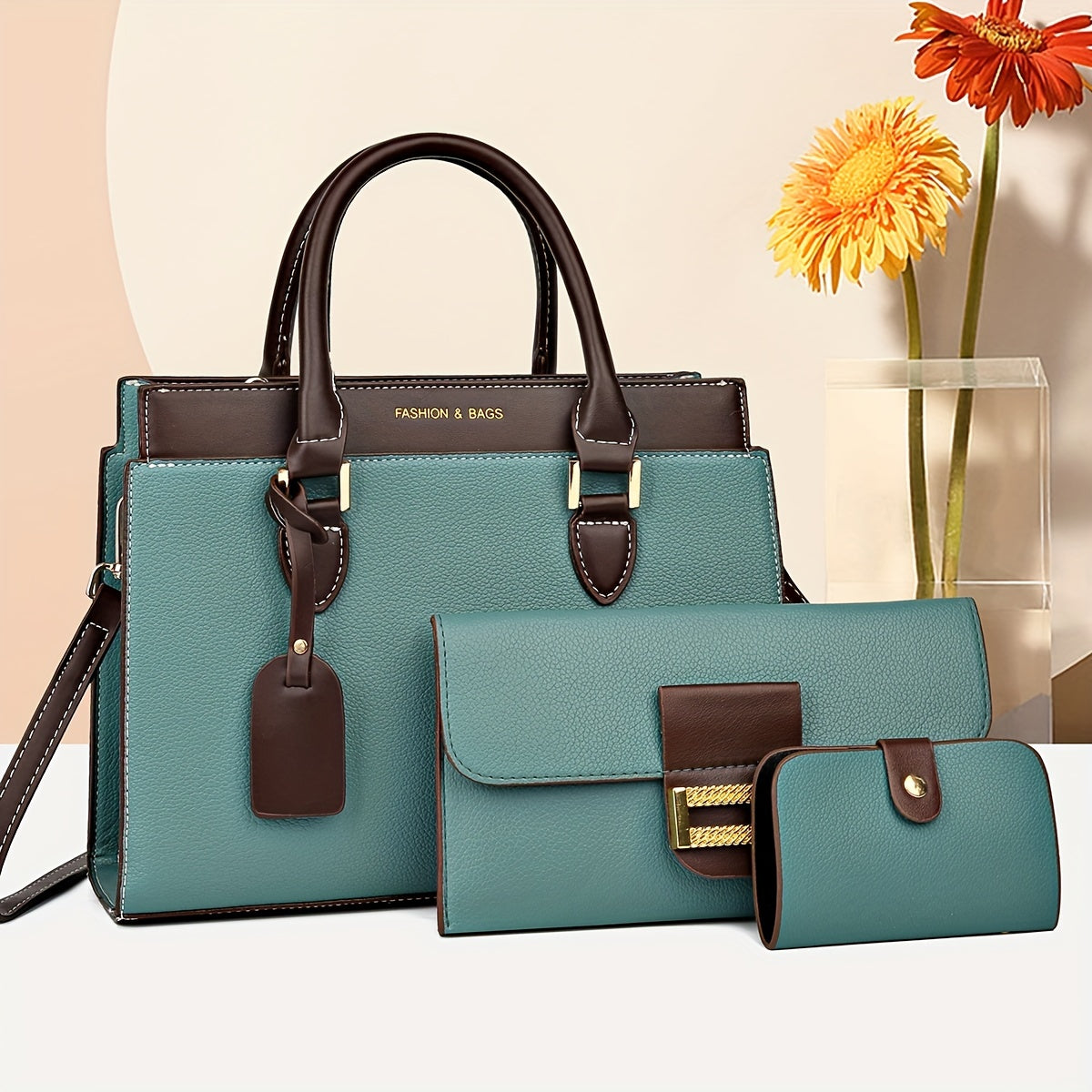 Fashionable Women's Bag Set, Classic Colorblock Tote Bag With Clutch Square Purse And Mini Credit Card Case