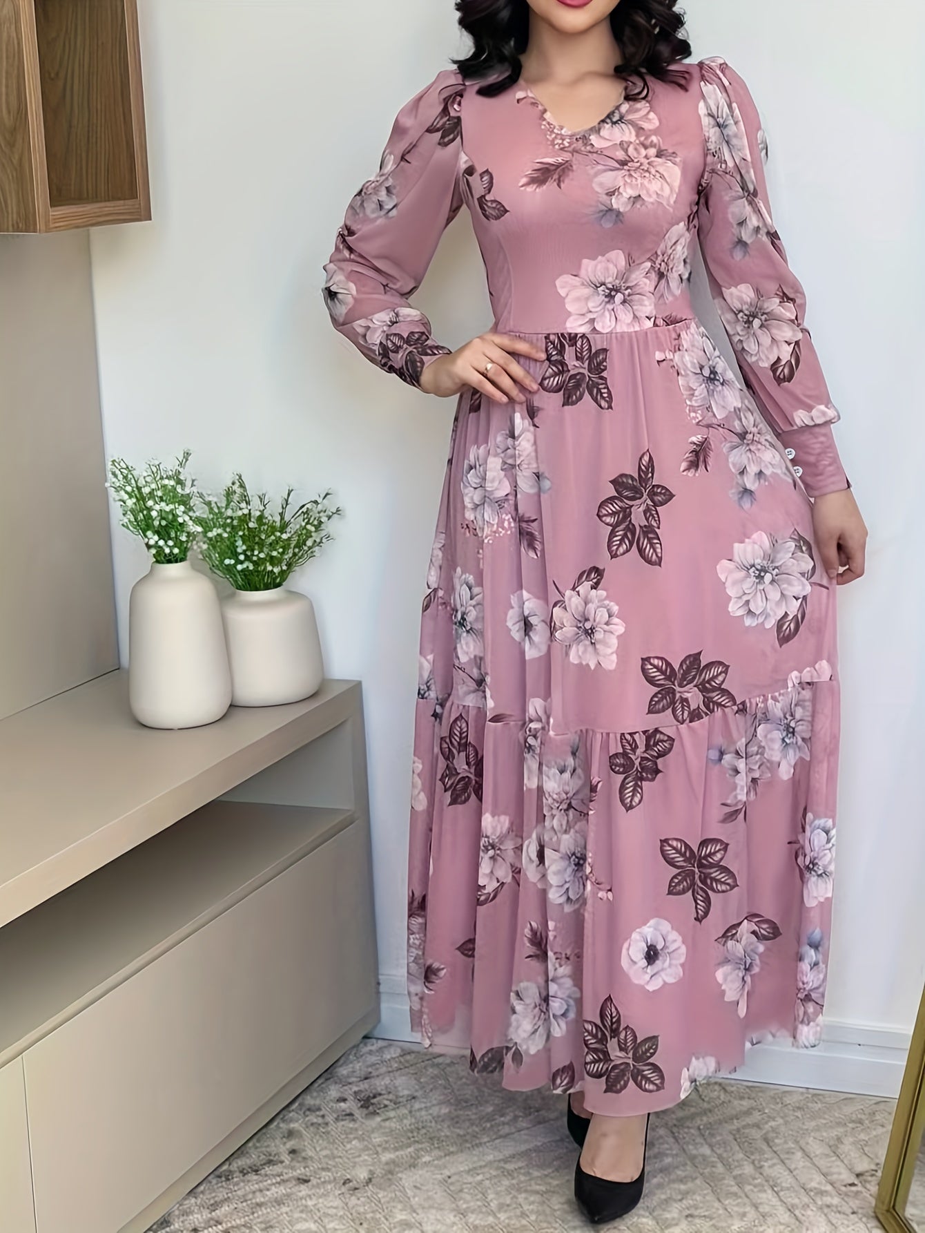 Elegant Floral Print V-Neck Dress for Women - Sophisticated Long Sleeve Dress with Ruffled Detail, Perfect for Spring/Fall Events