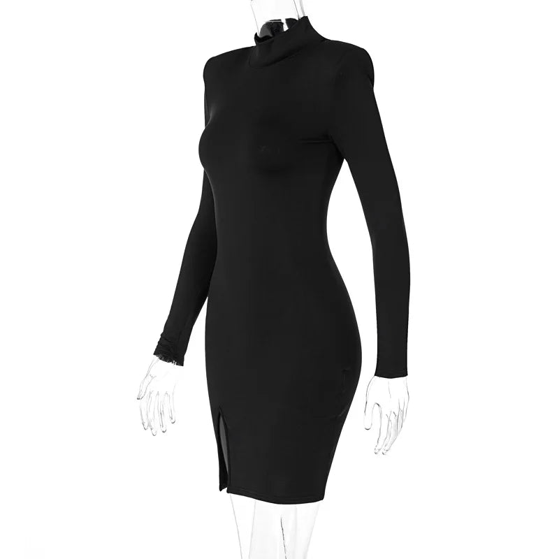 Women Spring Autumn Long Sleeve Bodycon Soild Color Black Slim Package Hip Mini Dress Female Clothing Streetwear