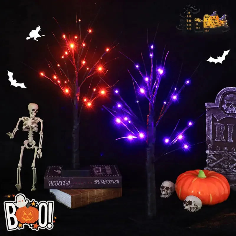 Halloween Decorations Gift Battery Operate 24 LED Lighted Halloween Tree Purple Led Black Glitter Lamp Desk Flower Lamp