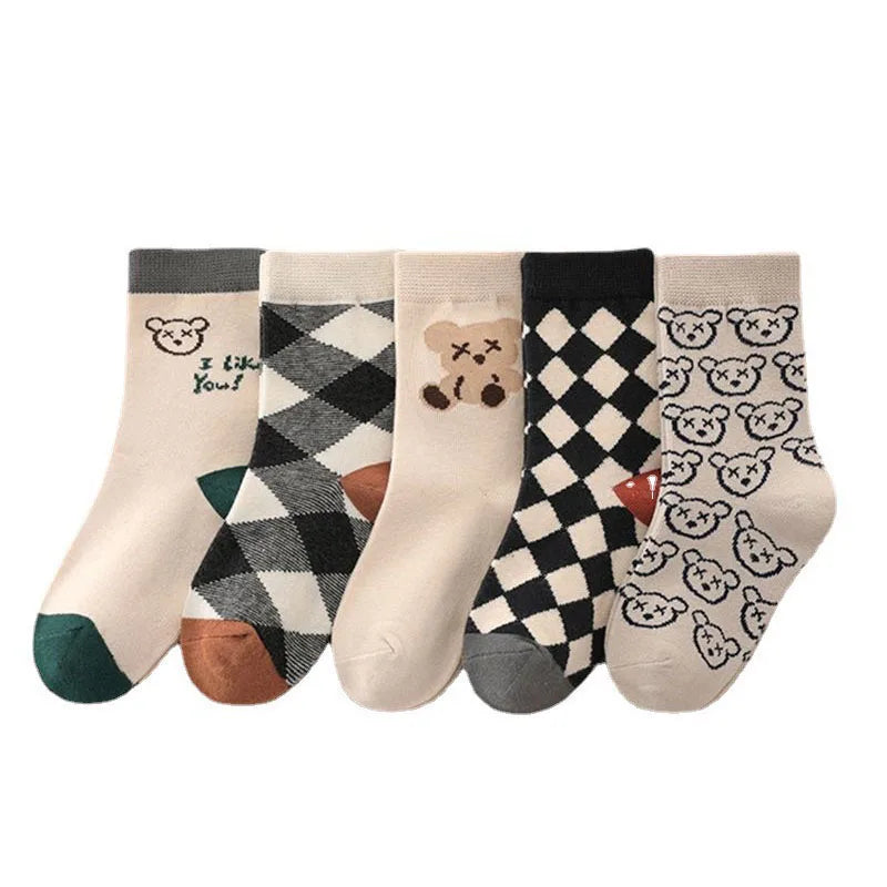 CH.KOUROSH 5Pairs/Lot Cute Bear Plaid Baby Socks Spring Autumn Soft Cotton Kids Middle Tube Socks For Boys Girls Casual Sports Sock