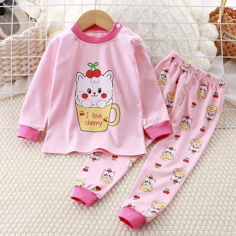 New Kids Boys Girls Pajama Sets Cartoon Print Long Sleeve Cute T-Shirt Tops with Pants Toddler Baby Sleeping Clothing Sets