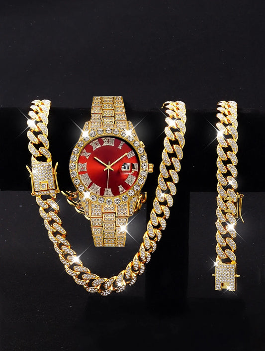 Luxury Women’s Jewelry Set with Watch, Necklace, Earrings & Ring - Gold Rhinestone Design