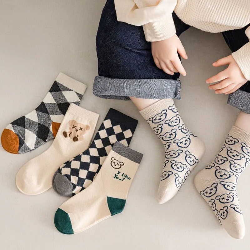 CH.KOUROSH 5Pairs/Lot Cute Bear Plaid Baby Socks Spring Autumn Soft Cotton Kids Middle Tube Socks For Boys Girls Casual Sports Sock