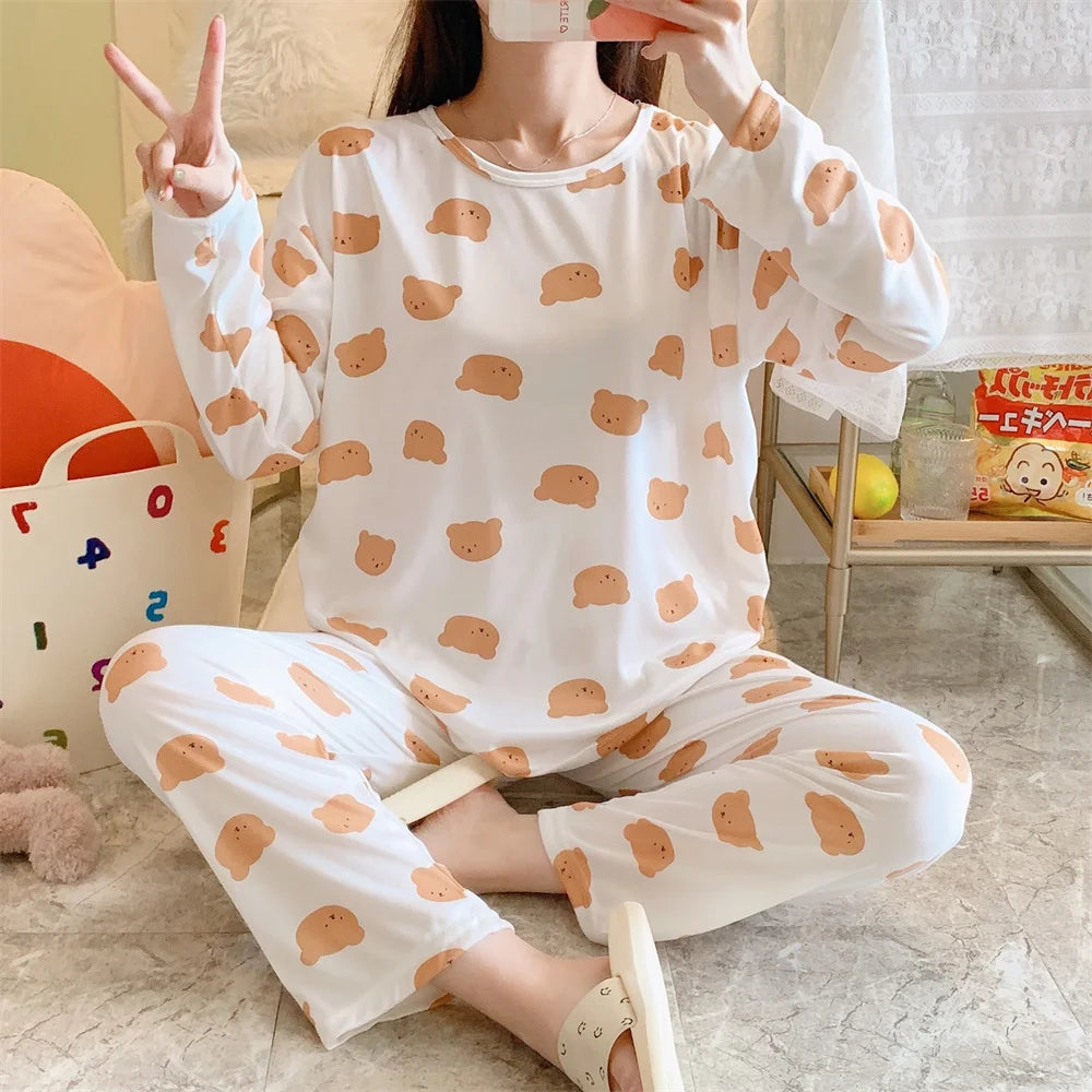 Cute Cartoon Casual Home Clothes New Fashion Women's Sleepwear Suit Long Sleeve Girls Homewear Sets Comfortable Female Pajamas