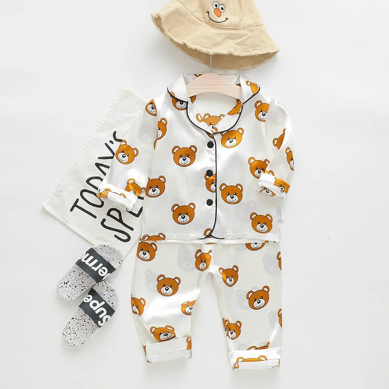 Children Silk Satin Pajamas Set Baby Boys Girls Cartoon Little Bear Tops Trousers 2Pec Spring Autumn Kids Casual Home Sleepwear