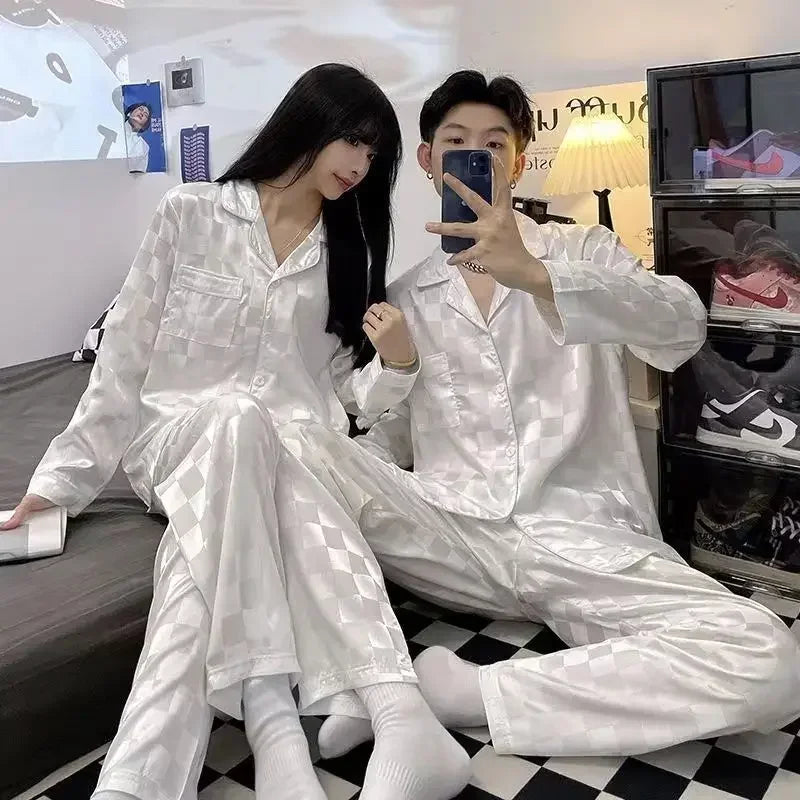 New Couple Pajamas Women Spring Autumn Ice Silk Large Size Sleepwear Long Sleeved Thin Style Summer Men's V-neck Homewear