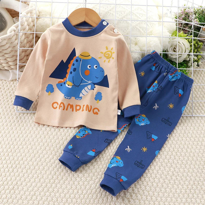 New Kids Boys Girls Pajama Sets Cartoon Print Long Sleeve Cute T-Shirt Tops with Pants Toddler Baby Sleeping Clothing Sets