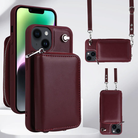 Crossbody Lanyard Phone Case for IPhone 15 14 13 12 11 Pro XR XS Max 8 7 Plus Zipper Wallet with Card Holder Back Stand Cover