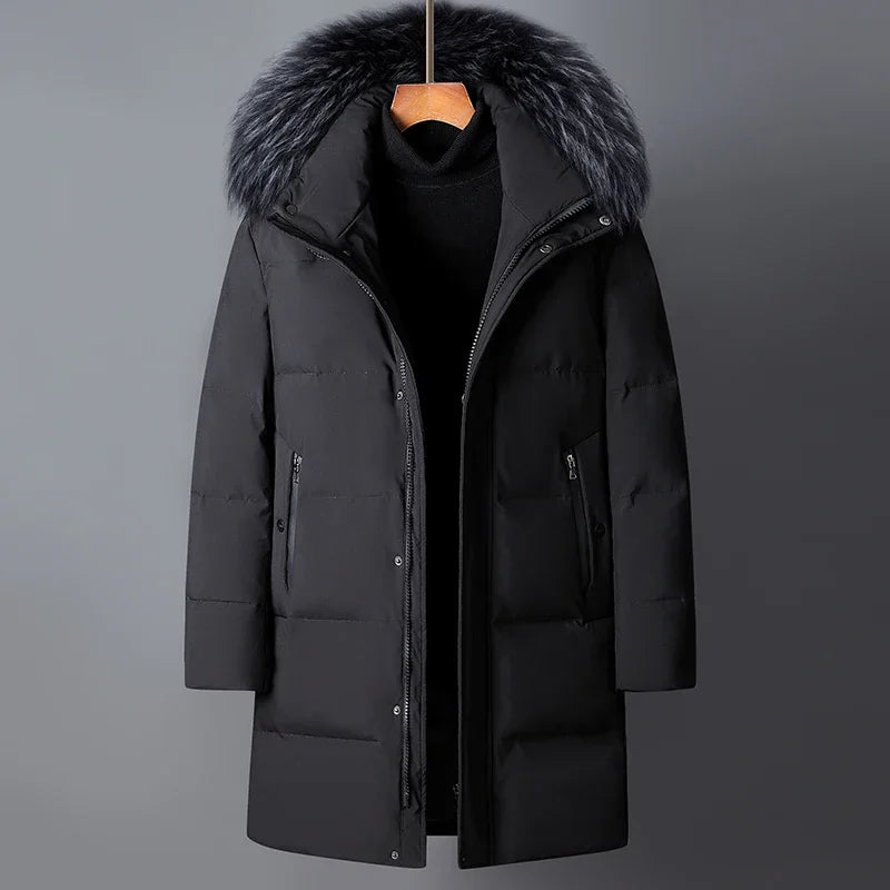 CH.KOUROSH 2024 Men’s Duck Down Winter Jacket - Mid-Length, Thick, with Fur Collar & Detachable Hood