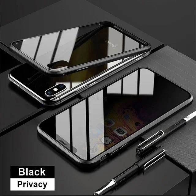 Magnetic Tempered Glass Privacy Metal Case For iphone 15 14 13 12 XR 11 Pro MAX X 7 8 6 Plus 360 Magnet Antispy Protective Cover