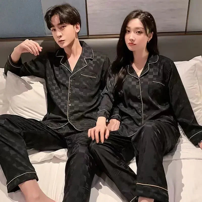 New Couple Pajamas Women Spring Autumn Ice Silk Large Size Sleepwear Long Sleeved Thin Style Summer Men's V-neck Homewear