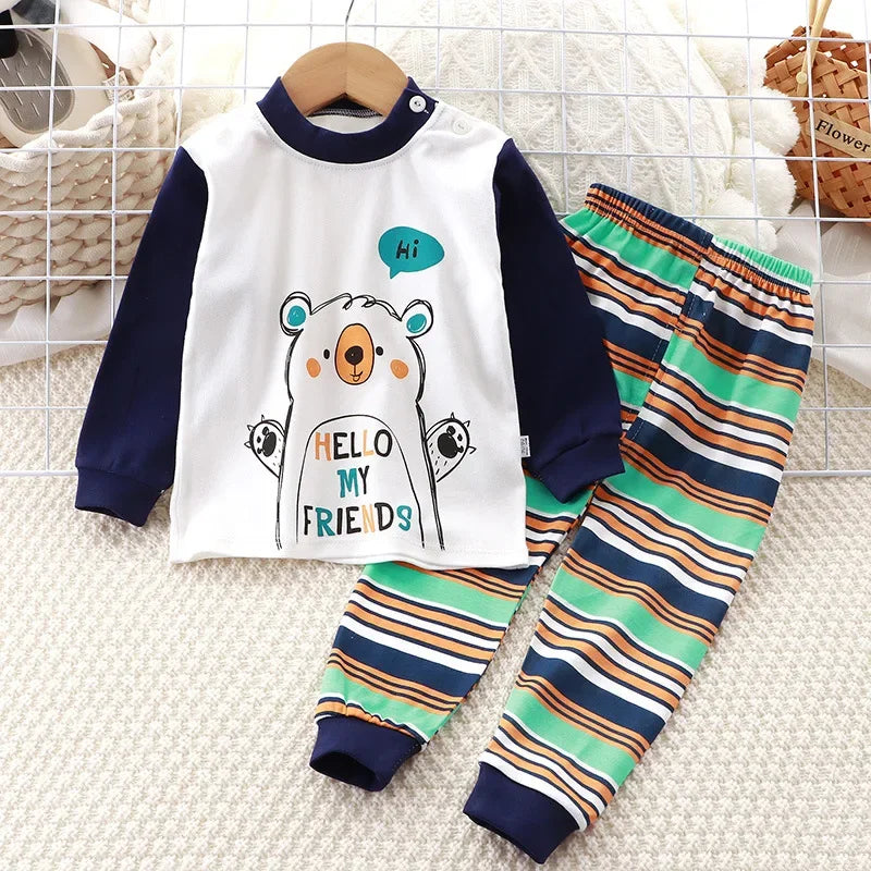 New Kids Boys Girls Pajama Sets Cartoon Print Long Sleeve Cute T-Shirt Tops with Pants Toddler Baby Sleeping Clothing Sets