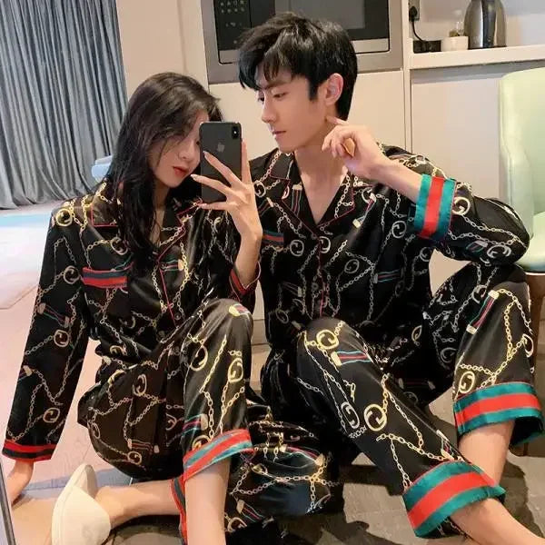 New Couple Pajamas Women Spring Autumn Ice Silk Large Size Sleepwear Long Sleeved Thin Style Summer Men's V-neck Homewear