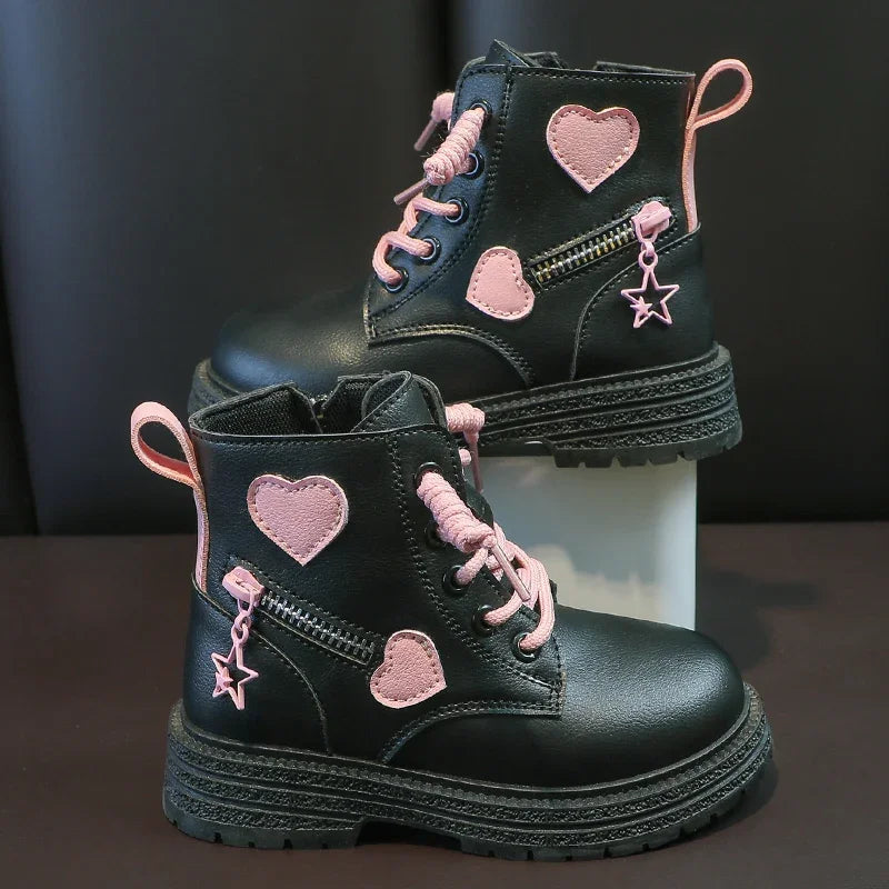 CH.KOUROSH Girls Ankle Boots Fashion Princess PU Leather Rubber Outsole Children's Short Boots Autumn Winter Zipper Pink with Love Heart