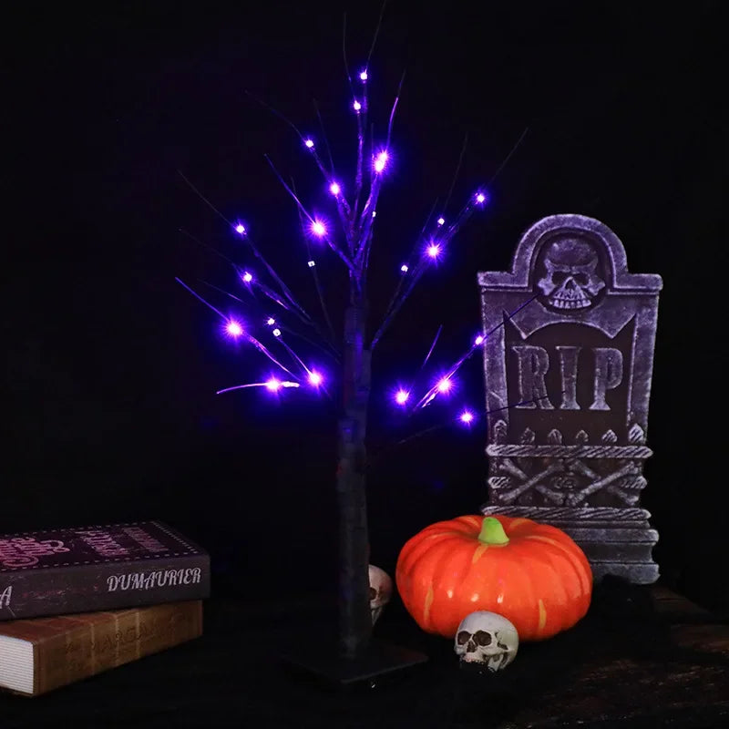 Halloween Decorations Gift Battery Operate 24 LED Lighted Halloween Tree Purple Led Black Glitter Lamp Desk Flower Lamp