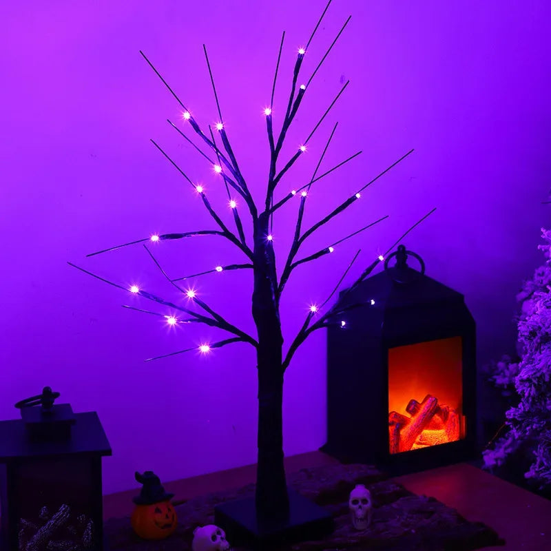 Halloween Decorations Gift Battery Operate 24 LED Lighted Halloween Tree Purple Led Black Glitter Lamp Desk Flower Lamp