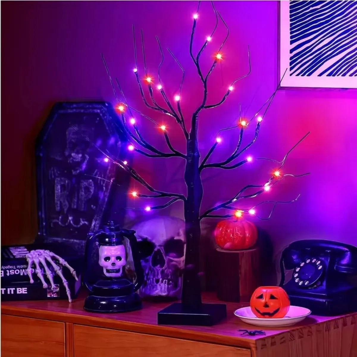 1pc 24LEDS Orange And Purple Halloween Birch Tree Night Light Battery Operated Table Lamp Indoor Home Party Halloween Decor