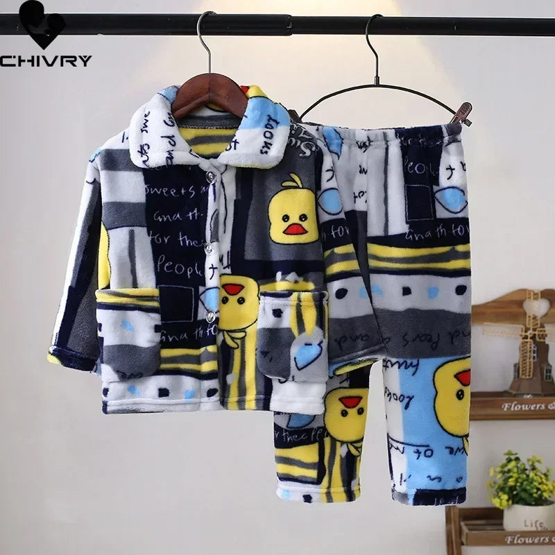 New Kids Boys Girls Autumn Winter Soft Flannel Pajamas Sets Cartoon Long Sleeve Lapel Tops with Pants Pyjamas Sleepwear Clothing