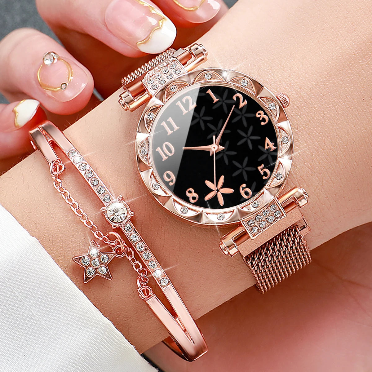 2PCS/Set Fashion Flower Dial Women's Watch Magnet Buckle Mesh Band Quartz Watches Star Bracelet Set(Without Box)