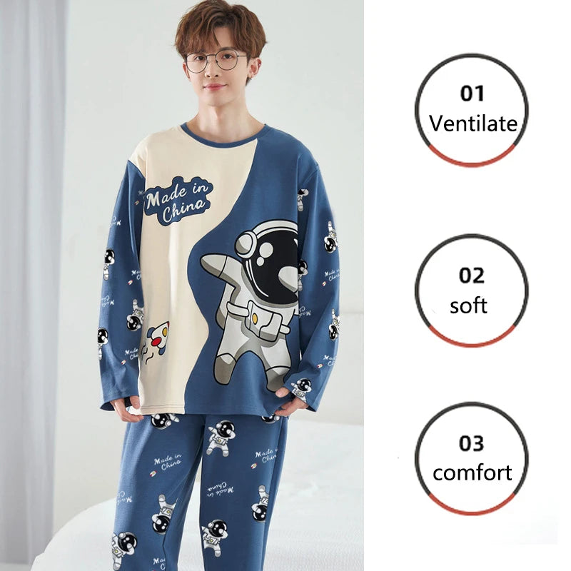 Plus Size Men Pajamas Autumn Winter Long-Sleeved Loose Leisure 2PCS/Set Letters Astronaut Blue O-Neck Soft Casual Sleepwear Xxxl