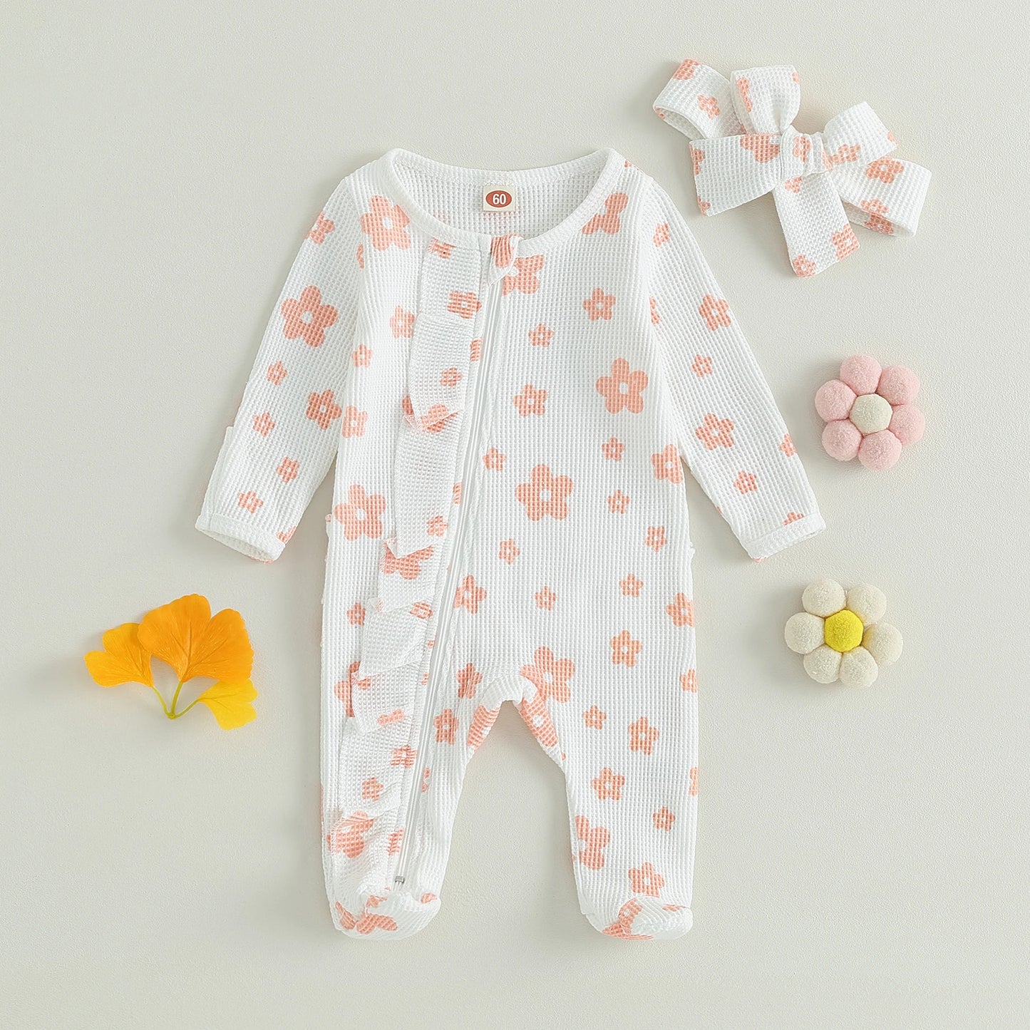 Newborn Baby Girl Ruffle Romper Waffle Knit Floral Footed Jumpsuits Long Sleeve Zipper Footie Fall Winter Outfits Baby Clothing