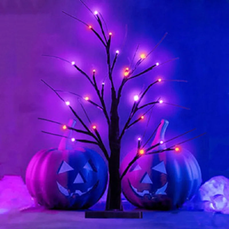 1pc 24LEDS Orange And Purple Halloween Birch Tree Night Light Battery Operated Table Lamp Indoor Home Party Halloween Decor