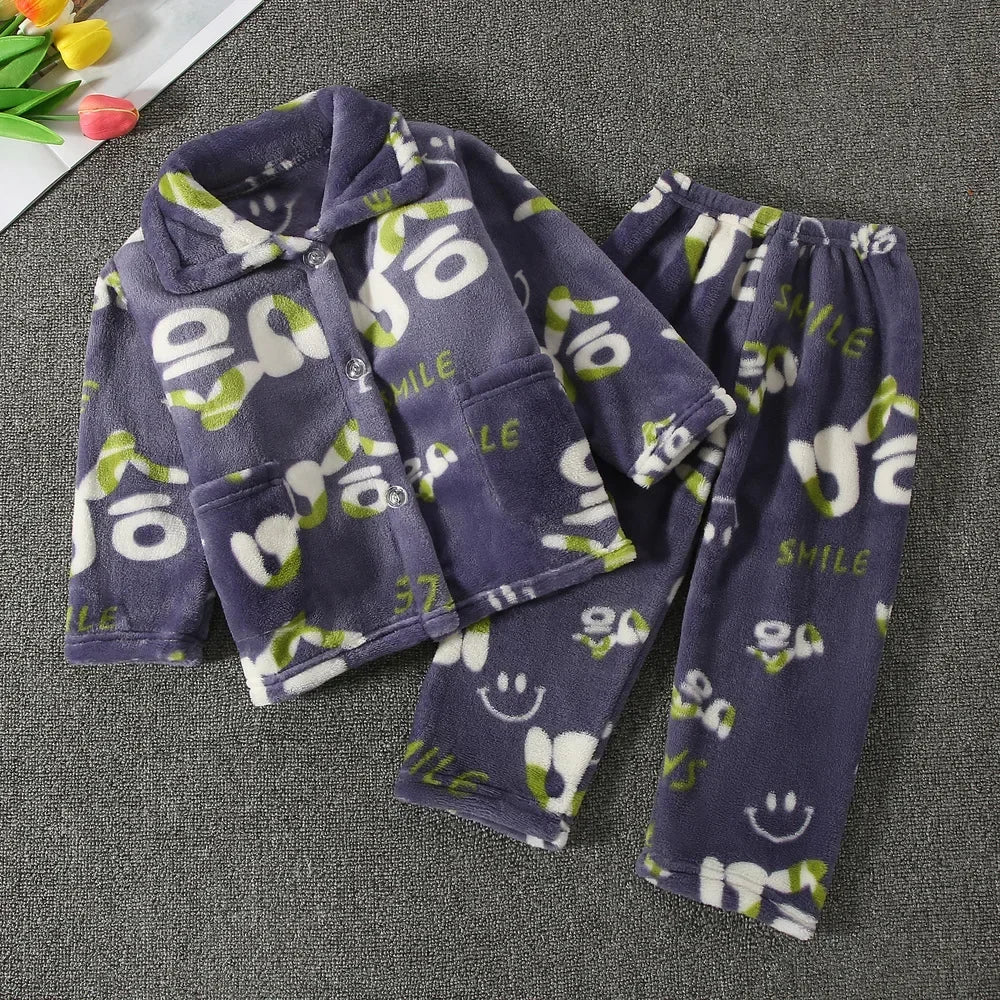 New Kids Boys Girls Autumn Winter Soft Flannel Pajamas Sets Cartoon Long Sleeve Lapel Tops with Pants Pyjamas Sleepwear Clothing