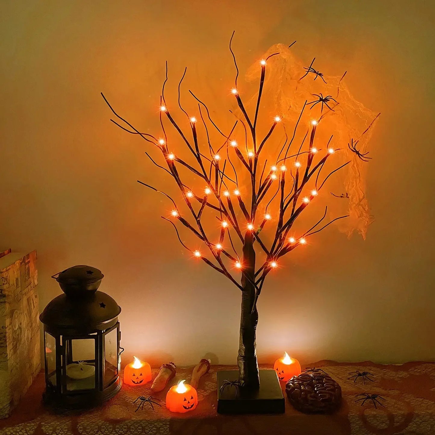 Halloween Decorations Gift Battery Operate 24 LED Lighted Halloween Tree Purple Led Black Glitter Lamp Desk Flower Lamp