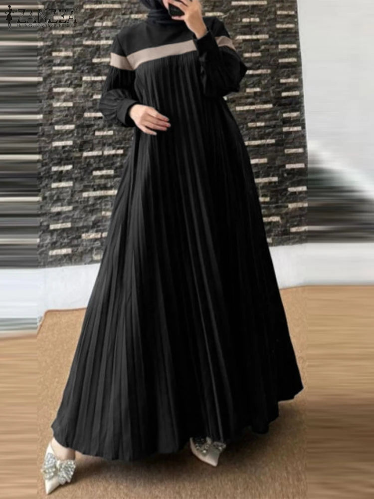 CH.KOUROSH Autumn Women Muslim Dress Turkey Abaya Elegant Long Lantern Sleeve Patchwork Sundress Pleated Vestidos Islamic Dubai Robe