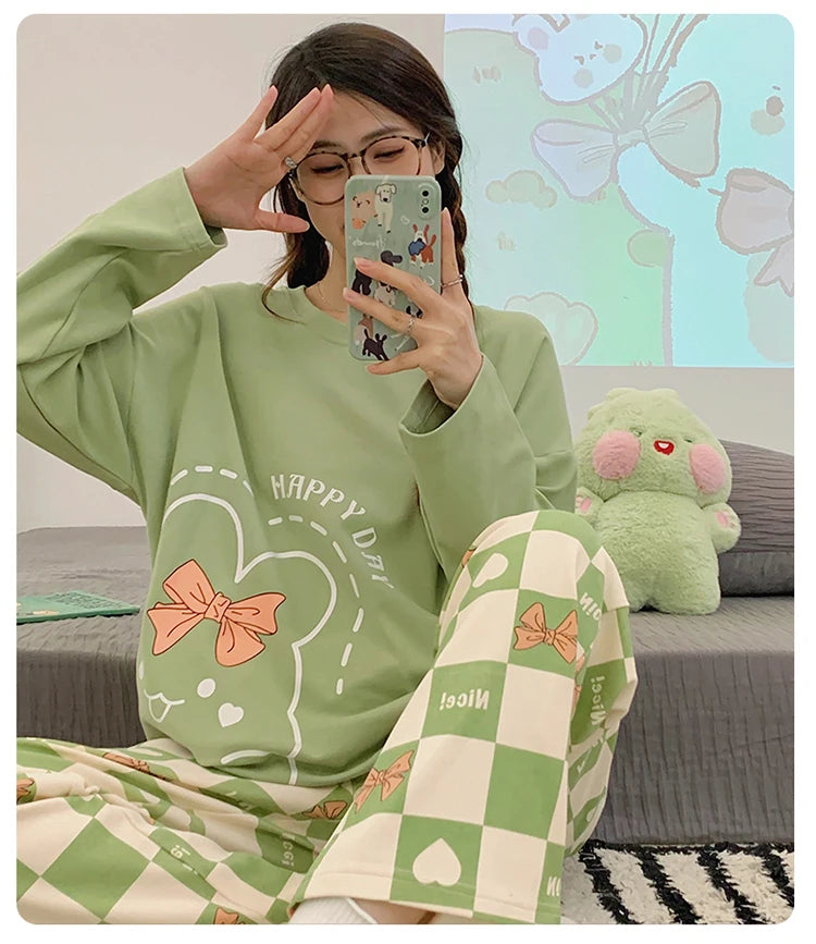 Green Women Pajamas Set Cute Kawaii Long Sleeves Long Pants Autumn Winter Soft Sleepwear Cozy Pyjamas Girl Pijamas Ladies Nighty